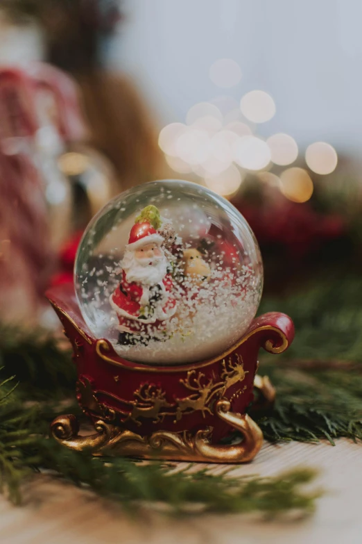 a snow globe sitting on top of a table, sitting on santa, zoom shot, delightful surroundings, bubbly