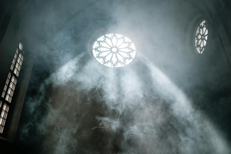 a person standing in front of a window with smoke coming out of it, by Matthias Stom, pexels contest winner, light and space, satanic church interior, spotlight from above, radial light, sweaty. steam in air