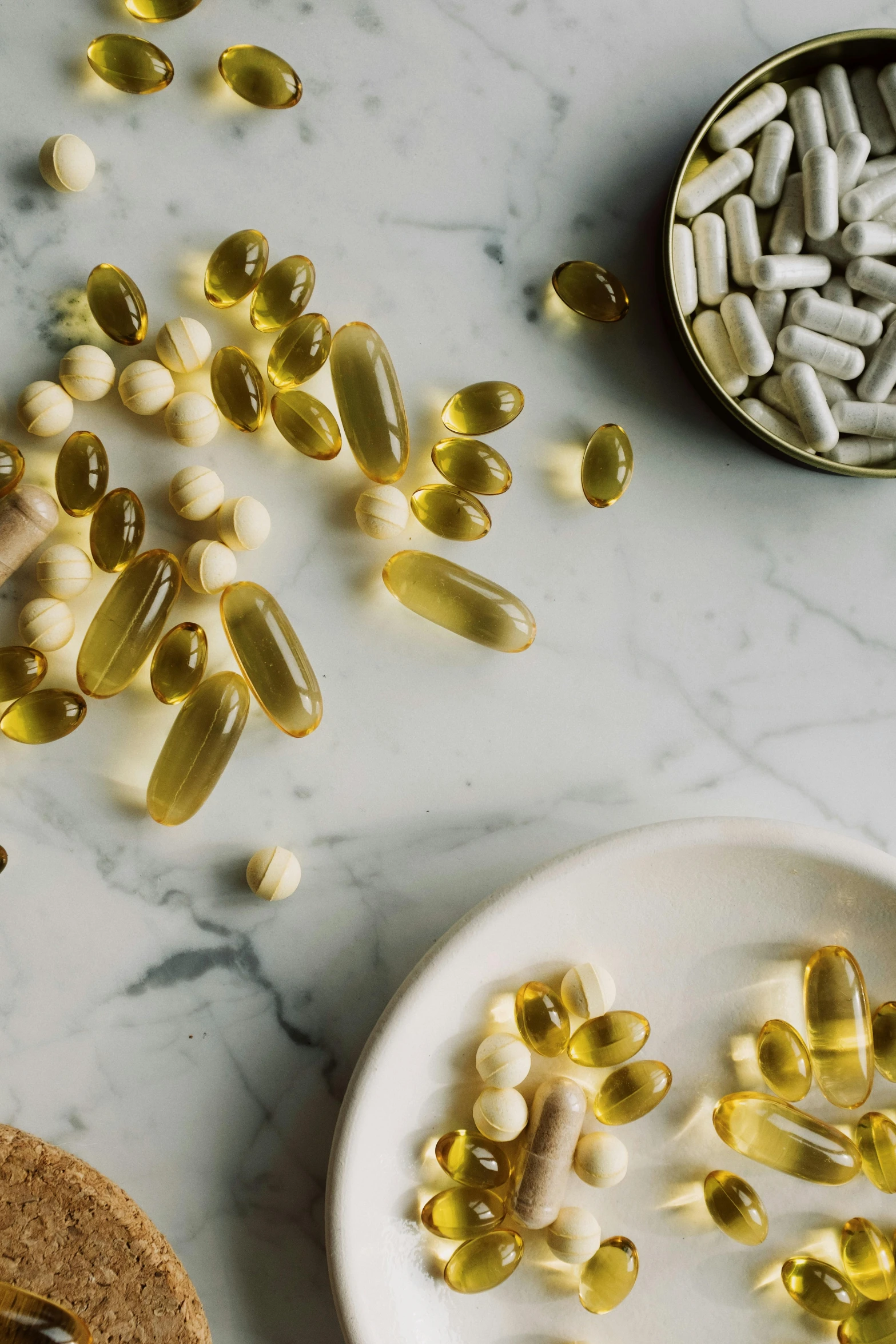 a table topped with lots of different types of pills, unsplash, renaissance, bolts of bright yellow fish, olive oil, manuka, “wide shot