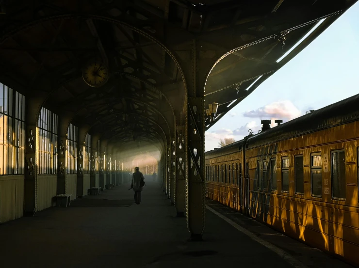 a person standing next to a train at a train station, a detailed matte painting, unsplash contest winner, yellow light, light breaks through the roofs, ukraine. photography, shot on hasselblad