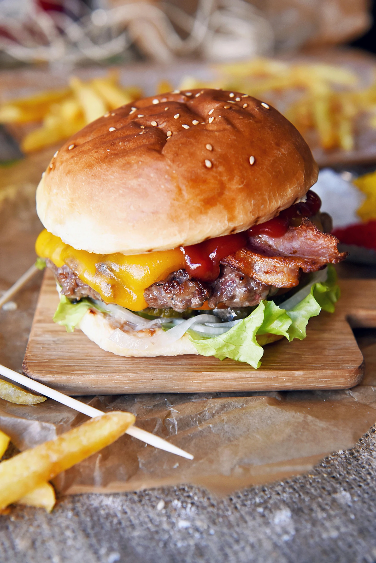 a hamburger sitting on top of a wooden cutting board, profile image, hasselblatt, square, lifestyle