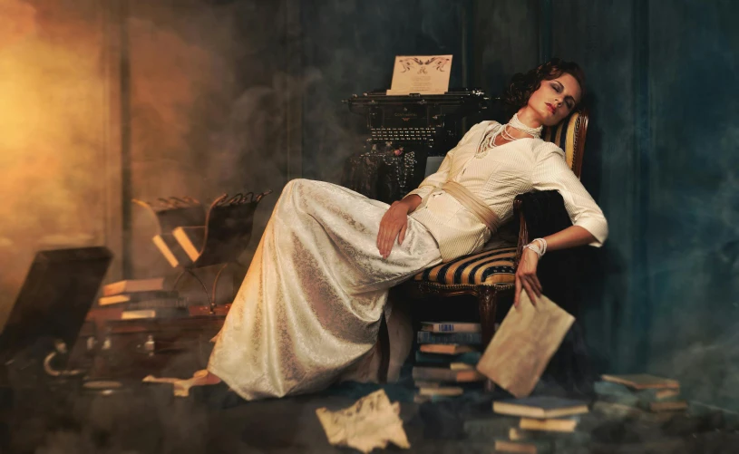 a woman sitting on top of a chair next to a pile of books, an album cover, inspired by Anka Zhuravleva, romanticism, aristocratic clothing, smoking, asleep, film still promotional image
