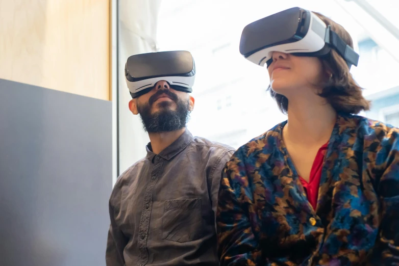 a man and a woman wearing virtual reality headsets, trending on unsplash, chilean, hyperdetailed samsung store, trending on mentalray, ready to model