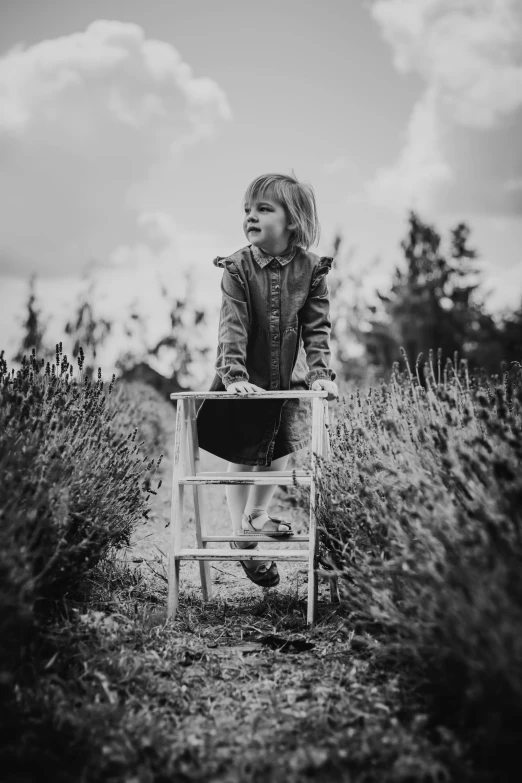 a little girl sitting on a chair in a field, a black and white photo, by Anato Finnstark, pexels contest winner, standing on a ladder, 15081959 21121991 01012000 4k, instagram picture, a wooden