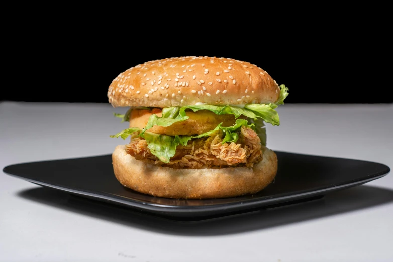 a chicken sandwich sitting on top of a black plate, a hologram, unsplash, square, melbourne, kfc chicken, a round minimalist behind