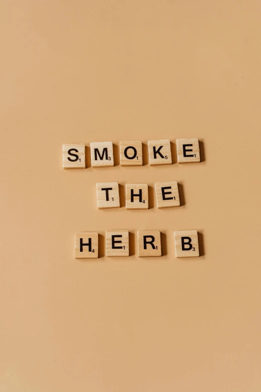 the words smoke the herb spelled in scrabbles, an album cover, inspired by Herb Aach, trending on pexels, retro haze, rex orange county, 🚿🗝📝