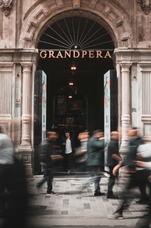 a group of people walking in front of a building, an album cover, by Giuseppe Avanzi, pexels contest winner, happening, grandma, busy restaurant, sephora, 2 5 6 x 2 5 6