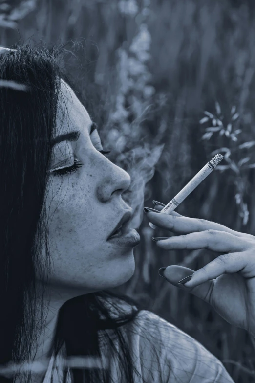 a woman smoking a cigarette in a field, pexels contest winner, hyperrealism, blue toned, pot, stoned, ilustration