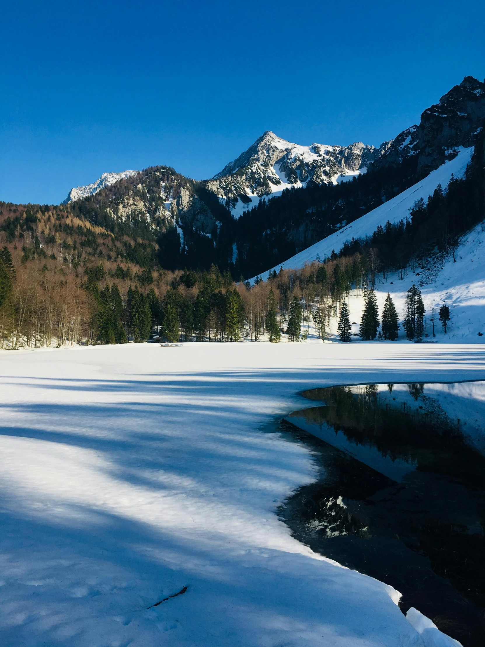 a body of water sitting in the middle of a snow covered field, in the mountains, munich, slide show, thumbnail