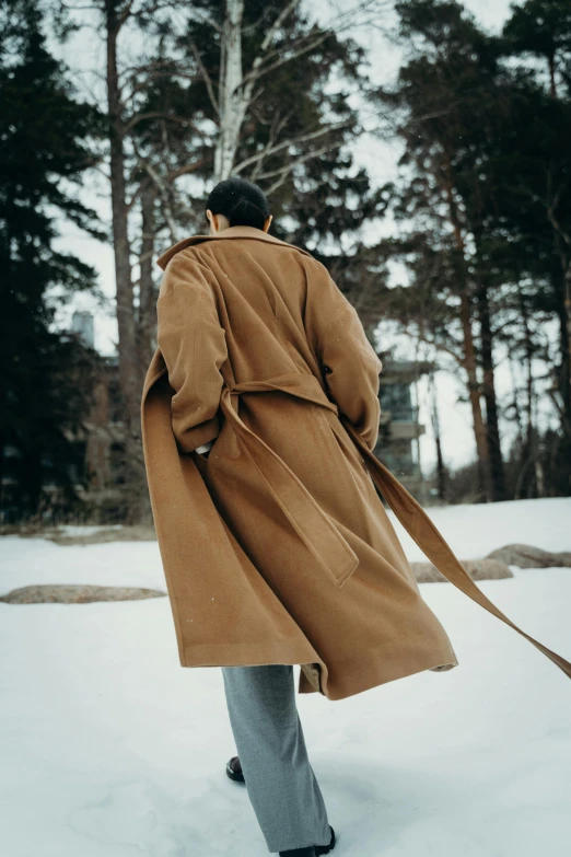 a man walking a dog in the snow, an album cover, trending on pexels, renaissance, light brown trenchcoat, full growth from the back, [ cinematic, robes