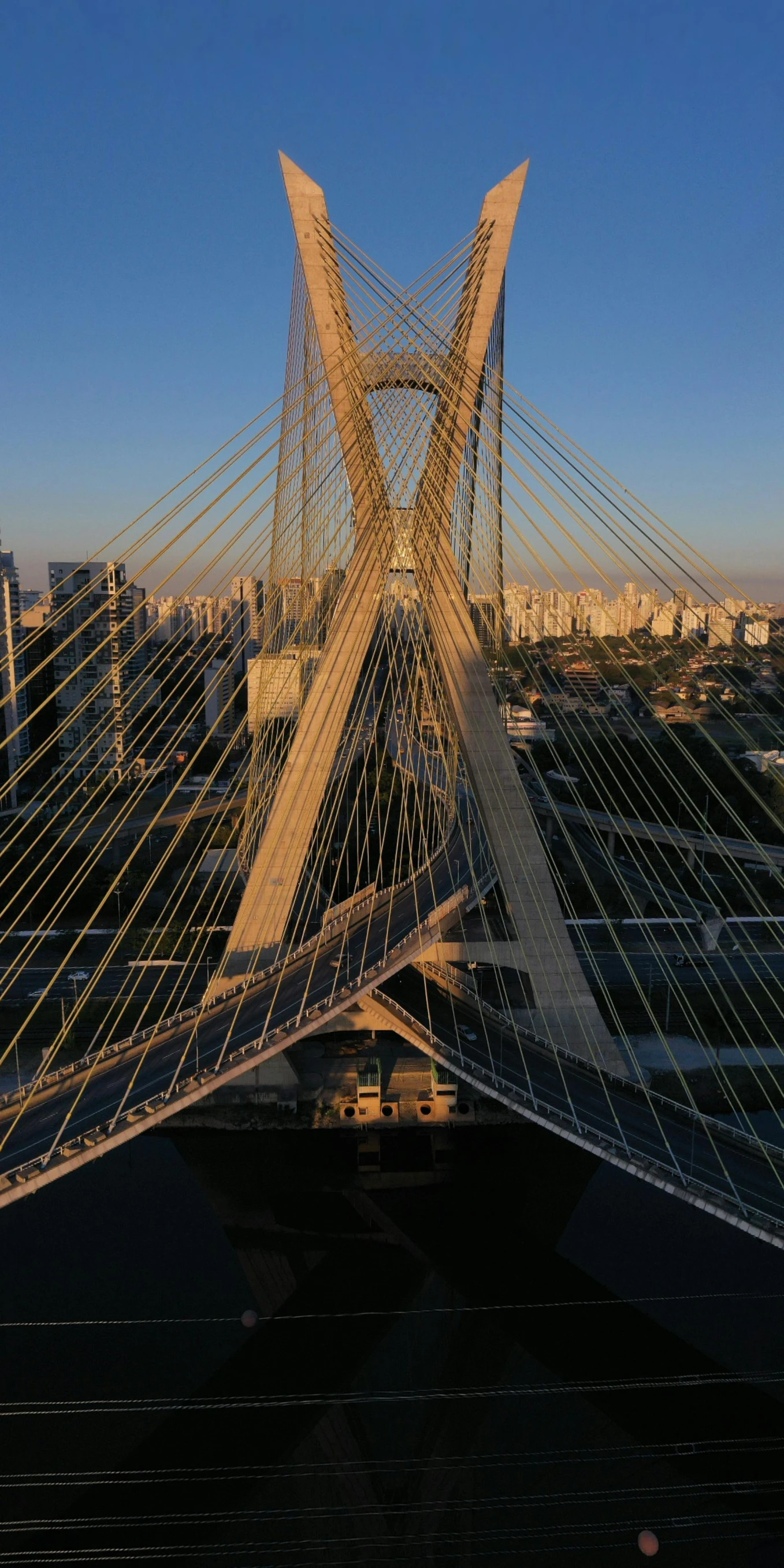 a bridge over a body of water with a city in the background, by Joze Ciuha, jair bolsonaro, slide show, 8k detail, full frame image