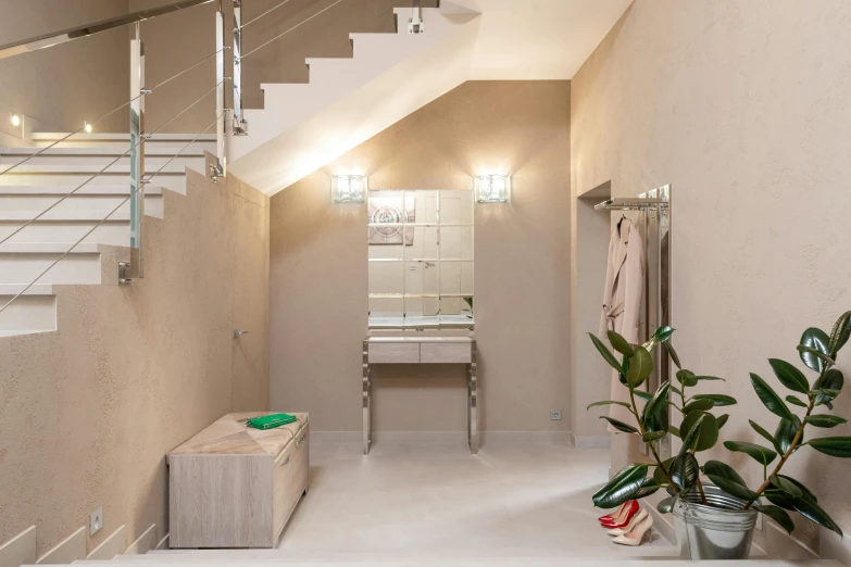 a bath room with a sink a mirror and a plant, inspired by Albert Paris Gütersloh, light and space, external staircases, profile image, beige color scheme, walking down