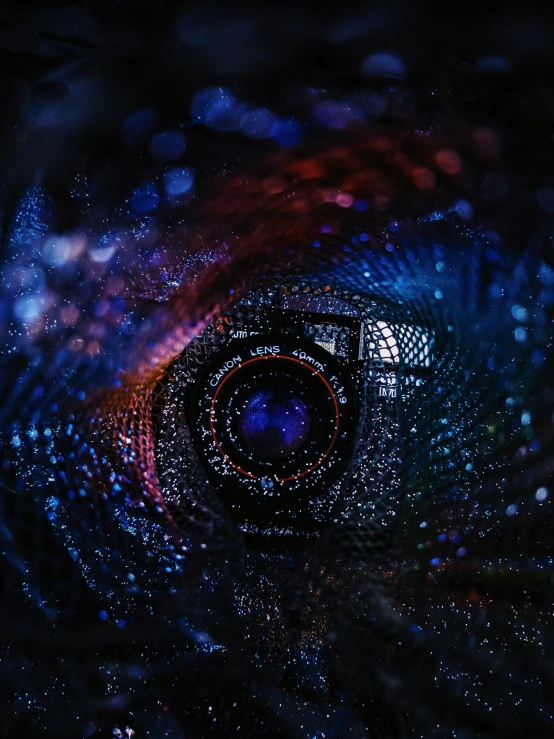 a close up of a camera in the dark, by Adam Marczyński, unsplash contest winner, art photography, water refractions!!, abstract album cover, cosmic horror style, dark glitter