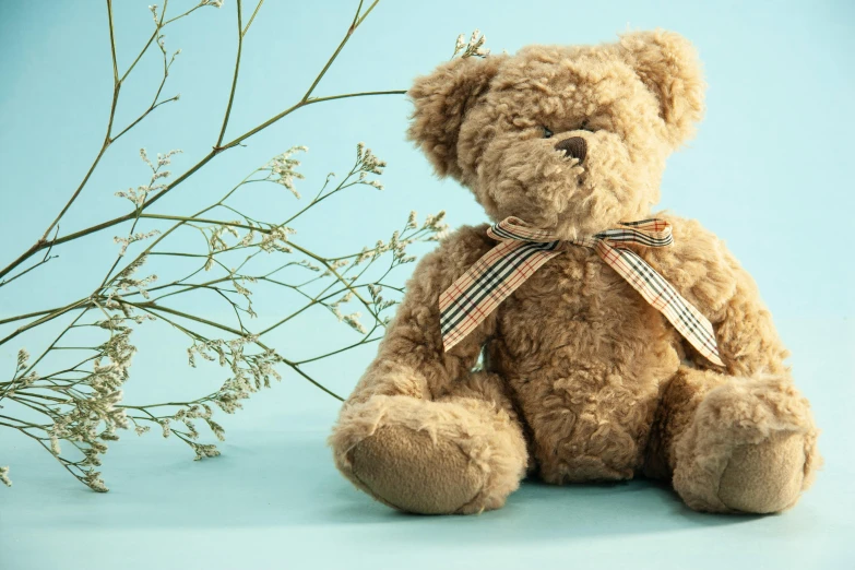 a teddy bear sitting next to a bunch of flowers, inspired by George Barker, hurufiyya, beige, slide show, ribbon, full product shot