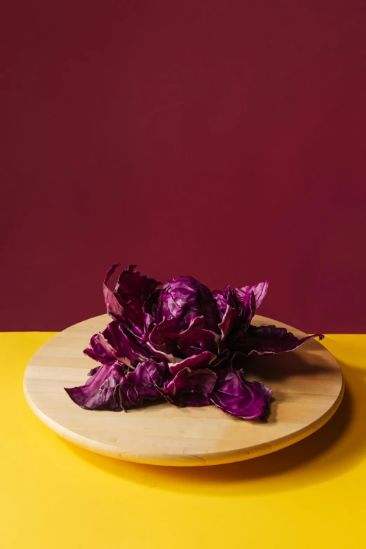 a plate of red cabbage on a yellow table, by Carey Morris, photorealism, lettuce, dark. no text, maroon, ((purple))