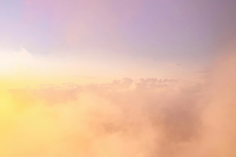 an airplane is flying high above the clouds, an album cover, trending on unsplash, light and space, pastel colored sunrise, yellow volumetric fog, heaven pink, cafe in the clouds