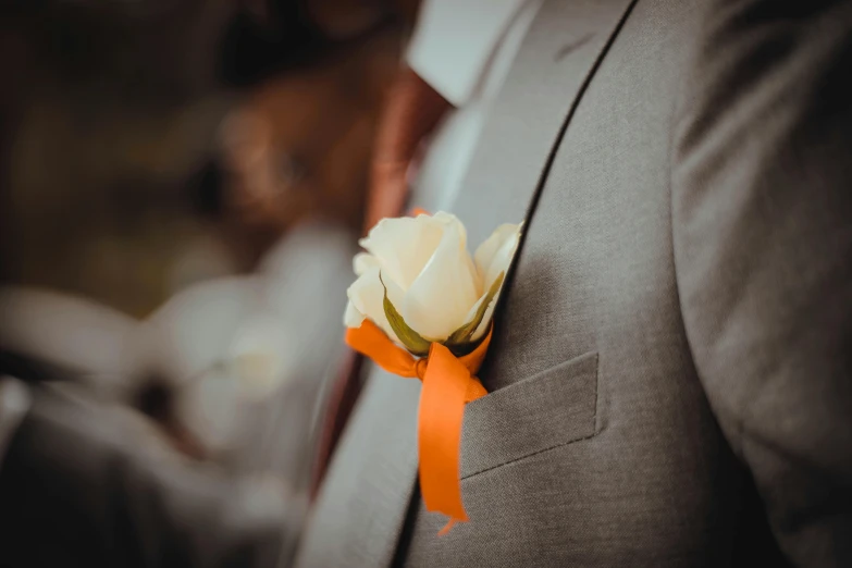 a close up of a person in a suit with a flower on his lapel, pexels contest winner, orange grey white, wearing white cloths, ceremony, rectangle