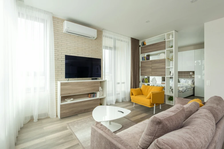 a living room filled with furniture and a flat screen tv, by Adam Marczyński, light and space, air conditioner, neo kyiv, sunny atmosphere, high quality picture