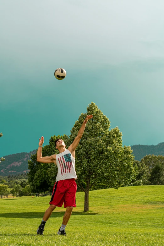 a man standing on top of a lush green field, usa volleyball, mana in the air, tall forehead, playing soccer