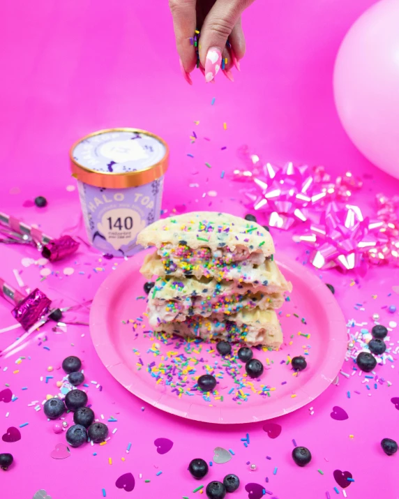 a pink plate topped with a slice of cake covered in sprinkles, 4 2 0, indigo rainbow, thumbnail, waxy candles