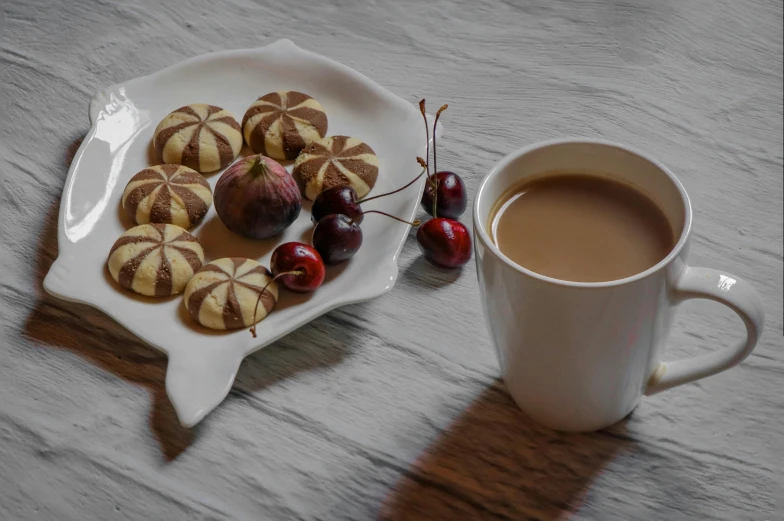 a plate of cookies and a cup of coffee, a still life, inspired by Richmond Barthé, pexels contest winner, cherries, shading in vray, striped, turkey