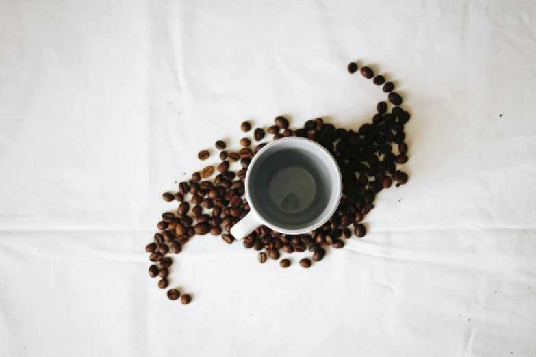 a cup of coffee surrounded by coffee beans, by Emma Andijewska, trending on unsplash, fan favorite, clean minimalist design, grey, malaysian