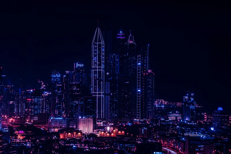 an aerial view of a city at night, pexels contest winner, digital art, dubai, purple and blue neon, tall skyscrapers, instagram post