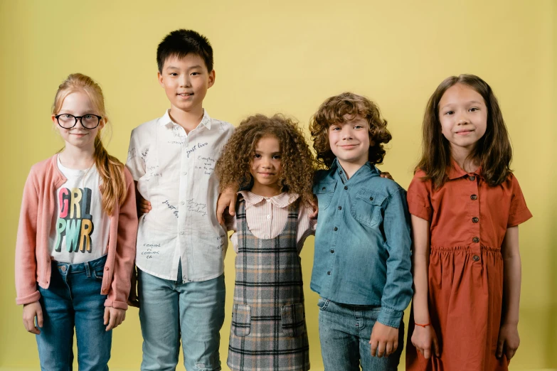 a group of children standing next to each other, pexels, antipodeans, diverse haircuts, full body image, thumbnail, product introduction photo