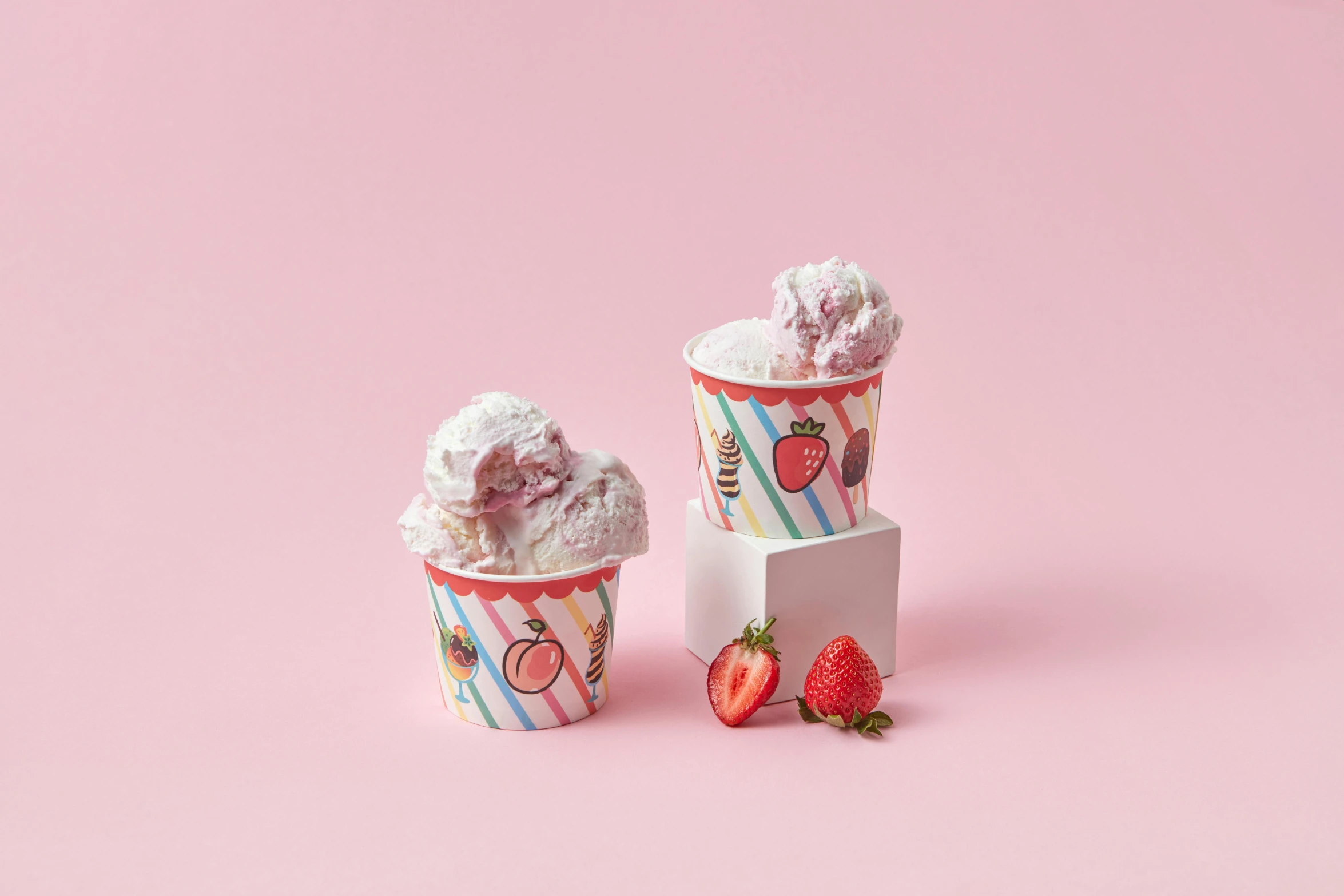 two cups of ice cream with strawberries on a pink background, inspired by Pearl Frush, 6 pack, multicoloured, viewed from the side, paper