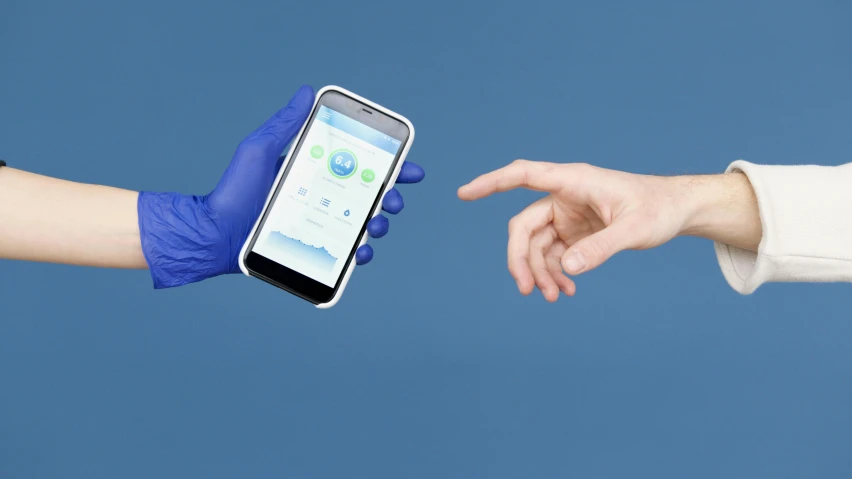 a person in blue gloves touching a cell phone, reaching out to each other, medical, avatar image, silicone skin