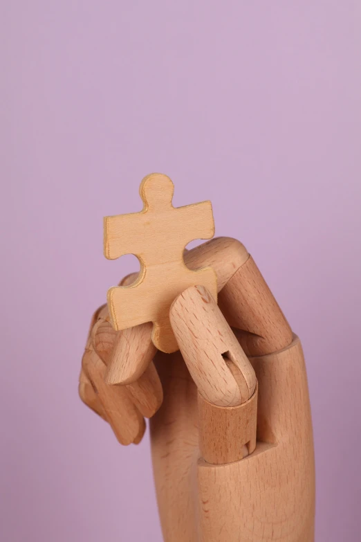 a wooden hand holding a piece of a puzzle, inspired by Sarah Lucas, trending on pexels, put on a mannequin, solid background, liam brazier, instagram picture