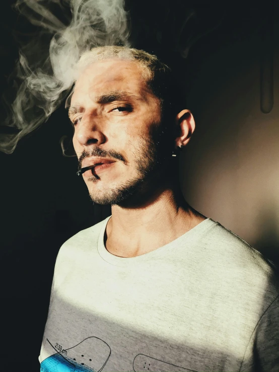 a man smoking a cigarette in a dark room, a character portrait, inspired by Elsa Bleda, unsplash, hyperrealism, lil peep, portrait image, 2 0 0 0's photo, he got a big french musctache