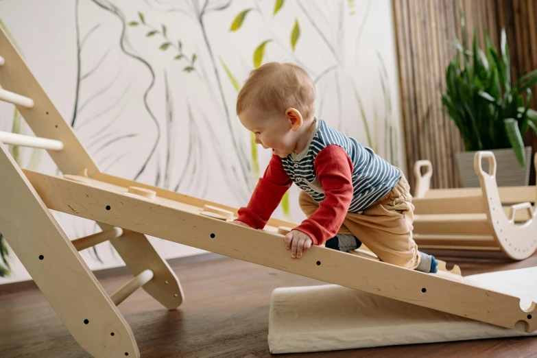 a toddler playing with a wooden rocking horse, inspired by Constantin Hansen, ramps, climber, with furniture overturned, discovery zone