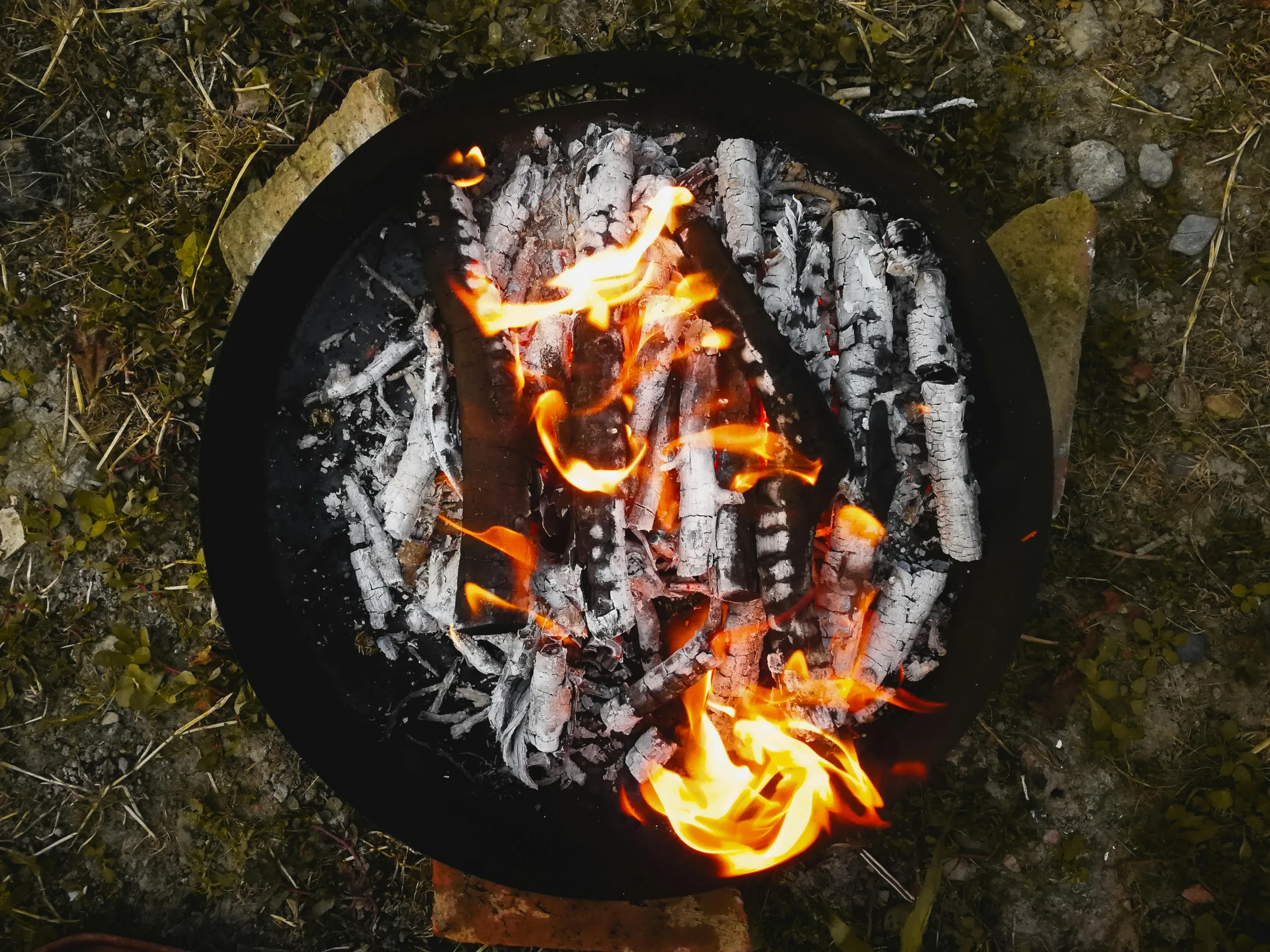 a close up of a fire in a frying pan, an album cover, pexels contest winner, birch, barbecue, foil, a high angle shot