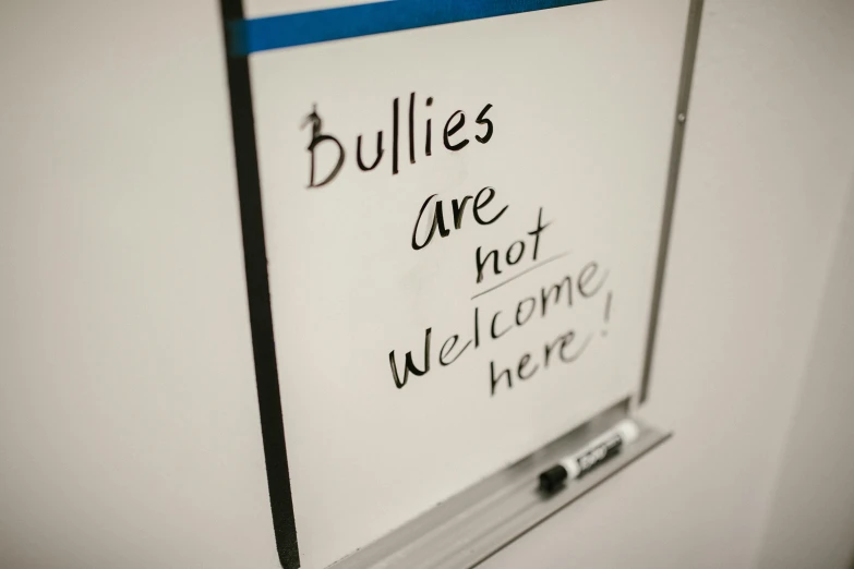 a white board with writing on it hanging on a wall, by Arabella Rankin, pexels, bullying, welcome, engraved, bulli