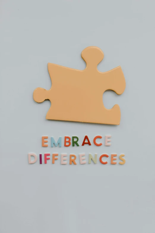 a puzzle piece with the words embrace differences on it, a picture, inspired by Florence Engelbach, unsplash, thumbnail, 8, wall art, two