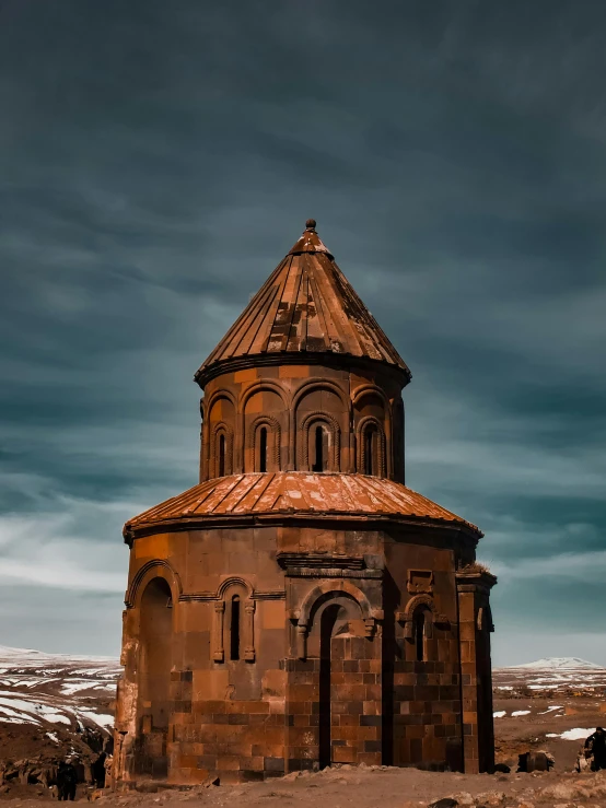 an old church in the middle of nowhere, an album cover, by Muggur, pexels contest winner, romanesque, persian style architecture, brown, panorama, profile picture 1024px