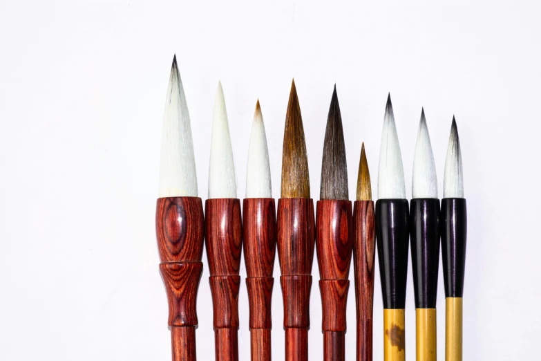 a row of paint brushes sitting next to each other, inspired by Kanō Shōsenin, 1 9 8 0 s and 1 9 2 0 s airbrush, qi sheng luo, bespoke, ilustration