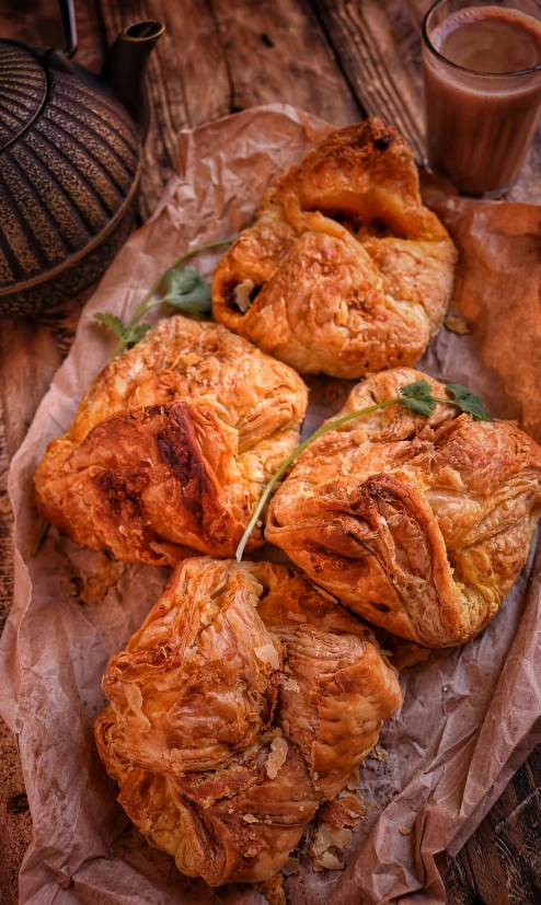 a wooden table topped with pastries and a cup of coffee, hurufiyya, 6 pack, green, chicken feathers, thumbnail