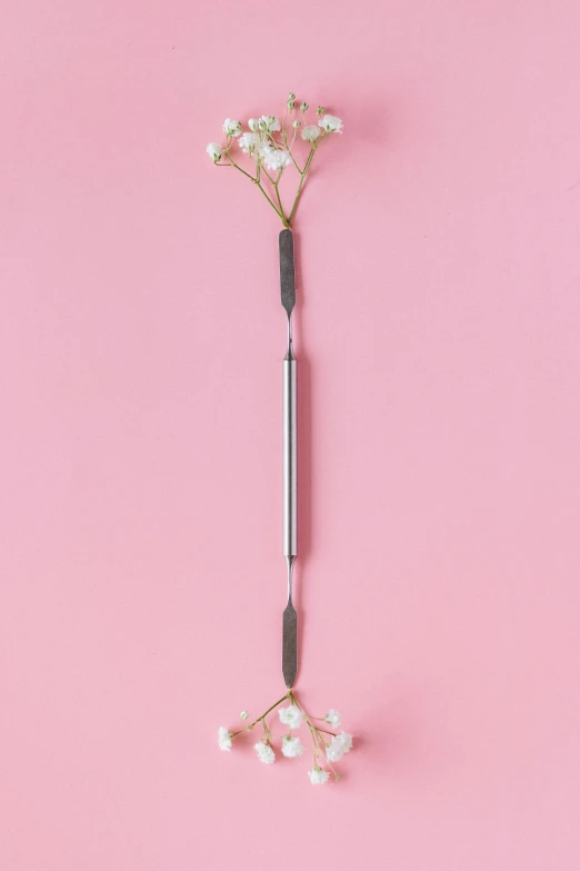 a pen and flowers on a pink background, inspired by Robert Mapplethorpe, unsplash, conceptual art, ultra detailed wire decoration, surgical equipment, 3/4 front view, bra strap