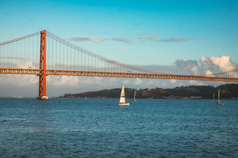 a sailboat sailing under the golden gate bridge, pexels contest winner, nice afternoon lighting, brown, high quality product image”, high quality picture