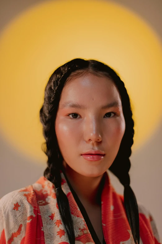 a woman in a kimono looking at the camera, an album cover, inspired by Kim Tschang Yeul, trending on pexels, hyperrealism, two braids, inuit, golden light, hito steyerl