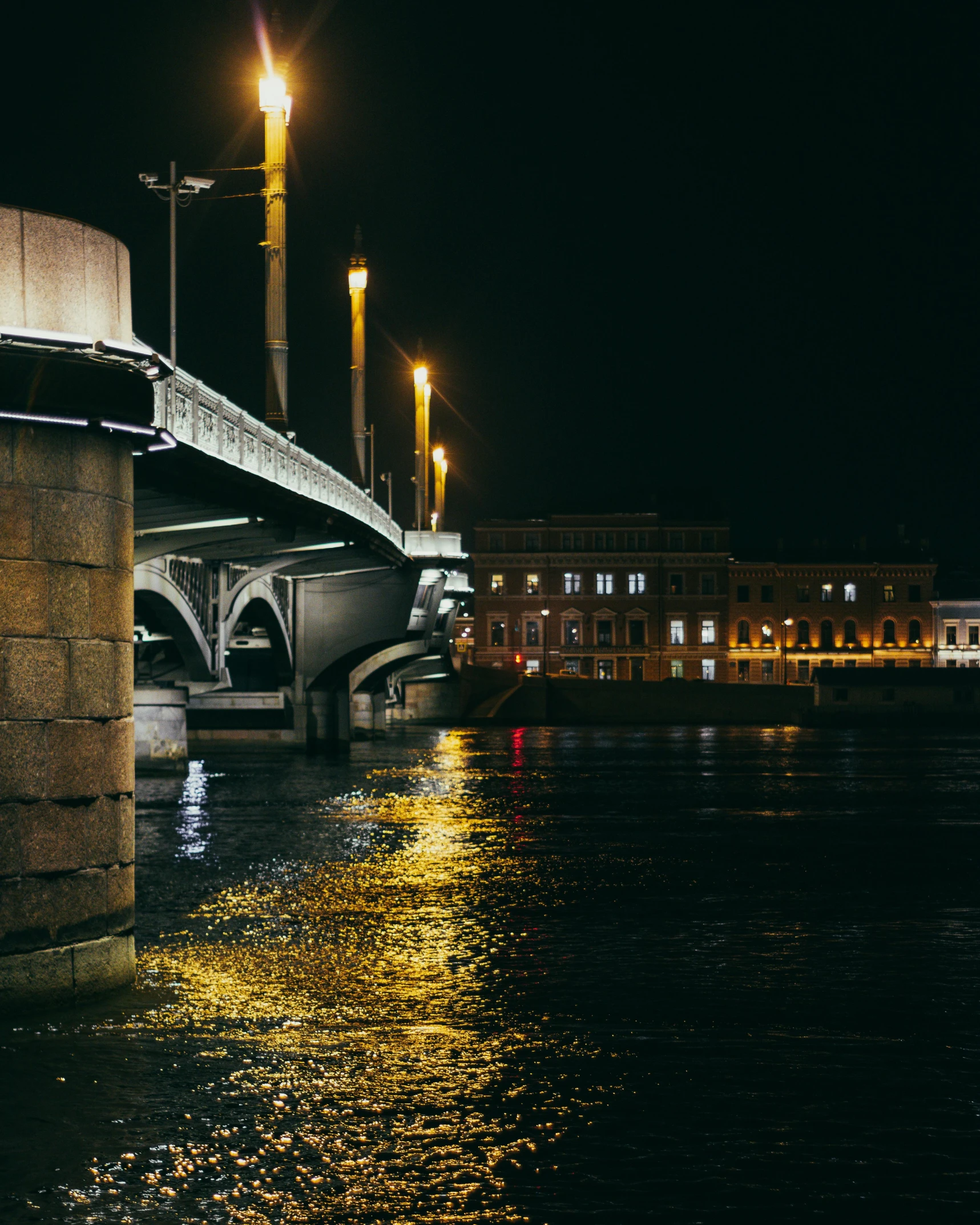 a bridge over a body of water at night, by Julia Pishtar, pexels contest winner, photo of putin, lgbtq, old bridge, thumbnail