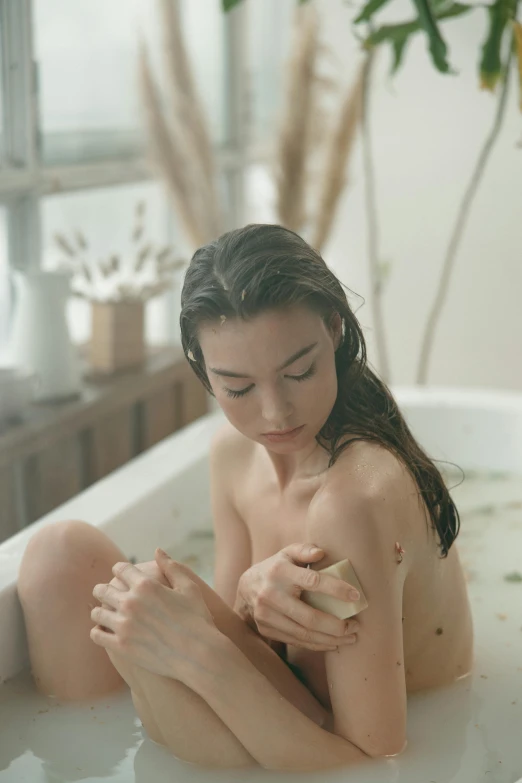 a naked woman sitting in a bath tub, inspired by Elsa Bleda, unsplash, renaissance, young asian girl, perfect body, eating, 奈良美智