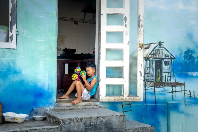 a couple of kids sitting on the steps of a building, inspired by Steve McCurry, pexels contest winner, street art, fishing village, avatar image, cyan shutters on windows, holding maracas