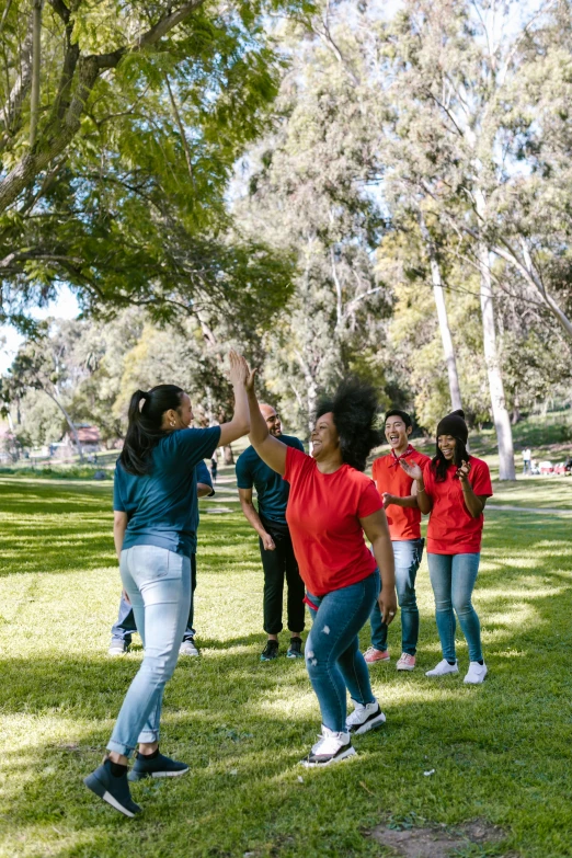 a group of people standing on top of a lush green field, playing games, at a park, dancing a jig, red and blue garments