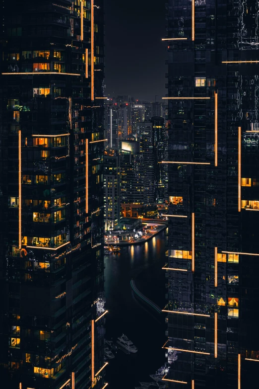 an aerial view of a city at night, pexels contest winner, digital art, cyberpunk apartment, dubai, portrait shot, building along a river