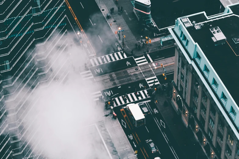 a city street filled with lots of tall buildings, a photo, by Adam Marczyński, pexels contest winner, smoke and gas, crosswalks, high angle close up shot, toronto