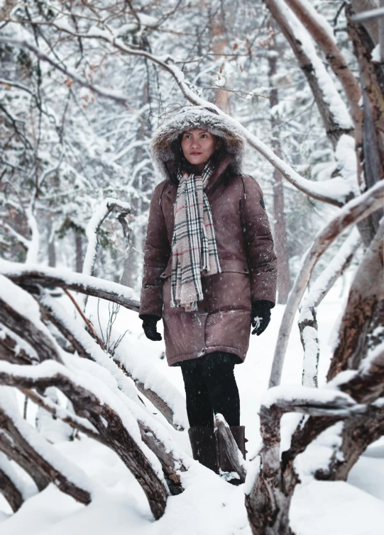 a woman standing in the middle of a snowy forest, inspired by Vasily Surikov, production photo, wearing hunter coat, promo image, mongolia