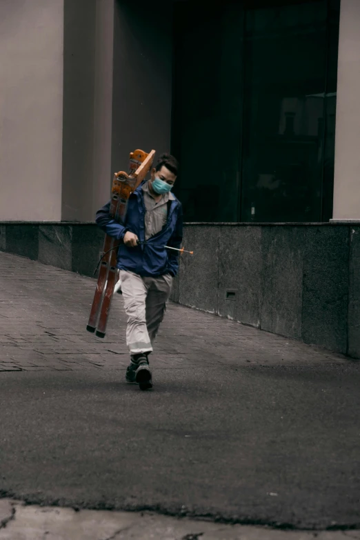 a man walking down a street with a backpack on his back, pexels contest winner, an instrument, wearing mask, holding a baguette, mingchen shen